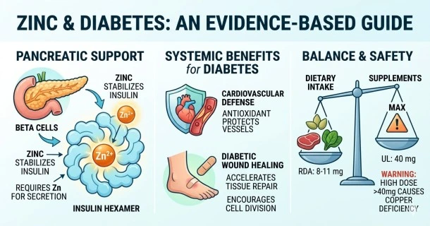 An illustrative medical infographic displaying the pancreas and insulin beta cells alongside zinc-rich whole foods like pumpkin seeds and spinach for evidence-based diabetes support.