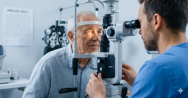 A comprehensive adult eye checkup showing a patient having their vision evaluated by an eye doctor for signs of strain or structural problems.