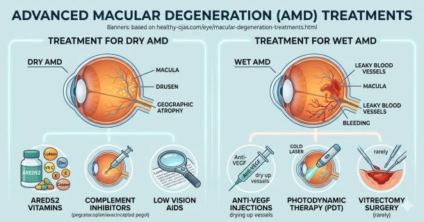 Medical infographic explaining therapies for Dry and Wet AMD, highlighting AREDS2 vitamin supplements and targeted intraocular anti-VEGF eye injection treatments.