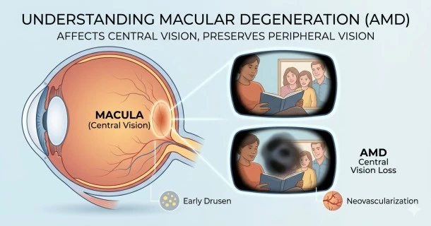 Medical infographic diagram comparing a healthy eye cross-section to an eye with age-related macular degeneration (AMD), showing drusen build-up and central vision degradation.