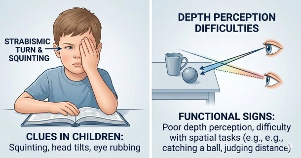Medical illustration comparing a visible eye turn in strabismic amblyopia with the hidden, straight-eyed visual blur of refractive amblyopia to showcase common lazy eye signs.