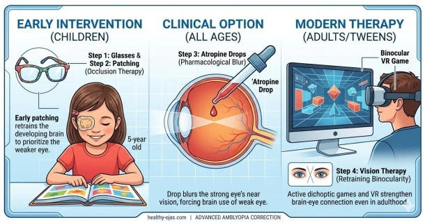 Medical graphic illustrating evidence-based treatment options for correcting amblyopia, showing children's occlusion eye patching therapy, daily refractive eyeglasses correction, and modern binocular vision training.