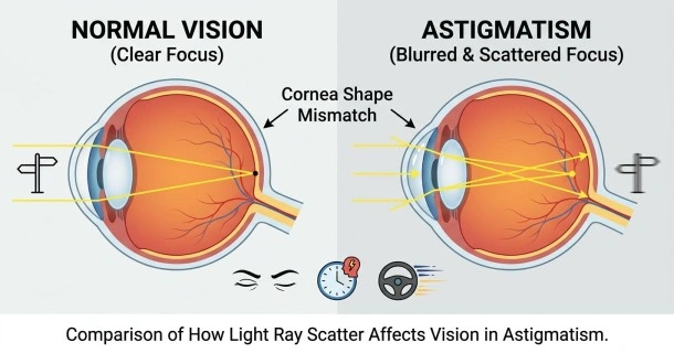 Side-by-side simulation demonstrating a clear night drive view versus the starbursts, streaks, and light distortion experienced by individuals with astigmatism symptoms.