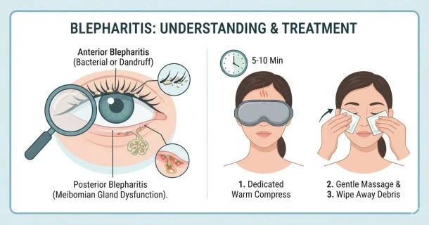 A medical illustration showing a close-up cross-section of a human eyelid, comparing a healthy meibomian oil gland with a clogged gland that causes blepharitis and dry eye symptoms.