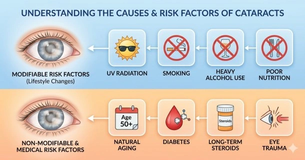Medical illustration infographic highlighting the core causes and risk factors of cataracts, featuring aging, diabetes, UV exposure, smoking, and long-term steroid use surrounding a central eye model.