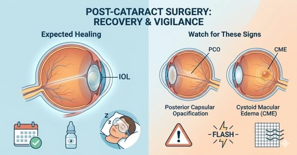 Medical vector illustration detailing the safe post-operative healing environment of a human eye after cataract surgery, including eye drop care and healing milestones.
