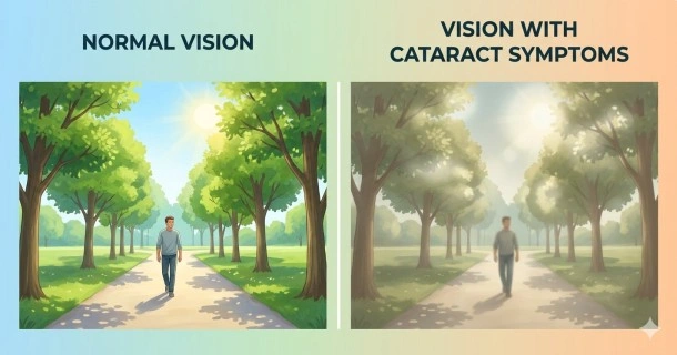 A side-by-side visual comparison demonstrating a clear city street scene versus the same scene viewed through a cataract, showing severe blurriness, faded colors, night glare, and halos around lights.