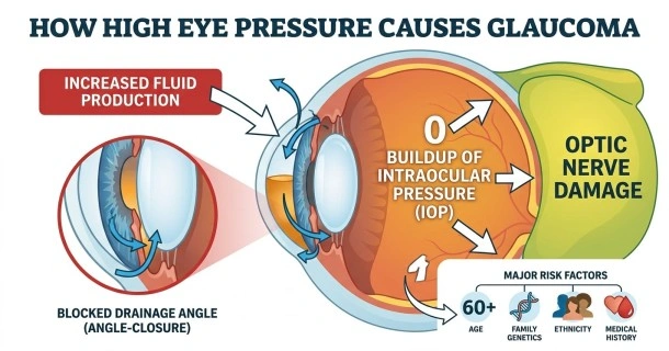 Medical vector graphic illustrating a cross-section of the human eye showing aqueous humor buildup, blocked drainage channels at the corneal angle, and pressure compressing the optic nerve.