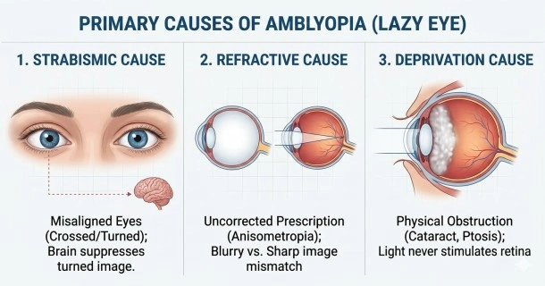Medical graphic illustrating the triggers of amblyopia, highlighting how physical eye misalignment and structural prescription differences between eyes force the brain to suppress visual signals.