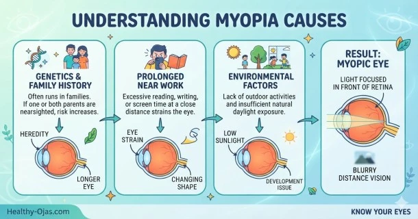 Infographic explaining myopia causes including genetics, prolonged near work from screens, lack of outdoor sunlight, and how they result in an elongated myopic eye focusing light in front of the retina.