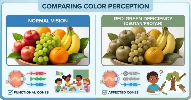 A school child looking confused while coloring a drawing with mismatched colors, illustrating how parents and teachers can identify early signs of color vision deficiency.