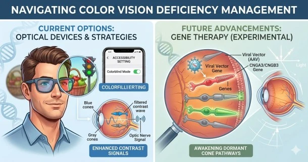 A split-screen illustration showing a dull outdoor landscape on one side representing red-green vision deficiency, contrasted with vibrant, distinct colors seen through a corrective optical lens on the other side alongside small icons representing modern management strategies like digital mode adjustments and gene therapy.
