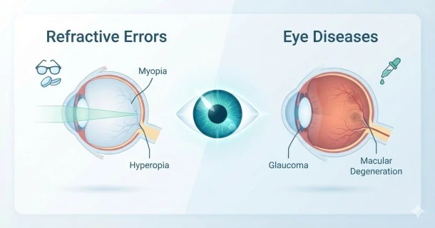 Educational medical illustration showing a human eye diagram and light rays focusing on the retina alongside a stylized eye examination chart for vision health.