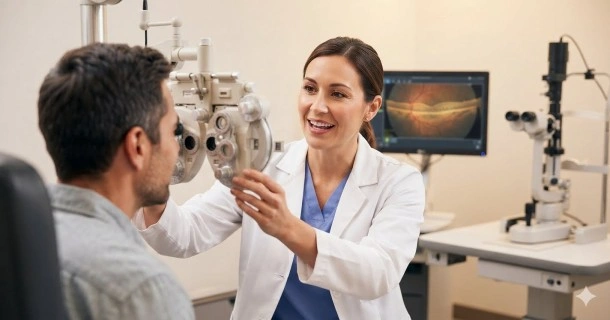 A patient undergoing a comprehensive adult eye examination with an optometrist using advanced clinical testing equipment in a modern optometry clinic.