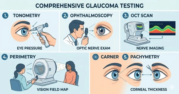 A clinical medical infographic displaying the 5 essential tests to accurately diagnose glaucoma: tonometry, OCT nerve scanning, perimetry visual field testing, gonioscopy, and pachymetry.