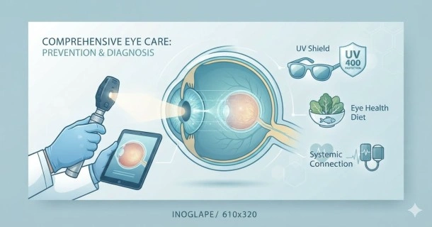 Medical illustration of eye anatomy and preventative care icons for digital strain and nutrition.