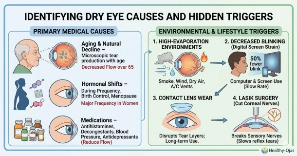 Medical infographic illustrating the biological and environmental causes of dry eye syndrome, highlighting aging, hormonal shifts, common medications, digital screen use, and high-evaporation environments like smoke or wind.