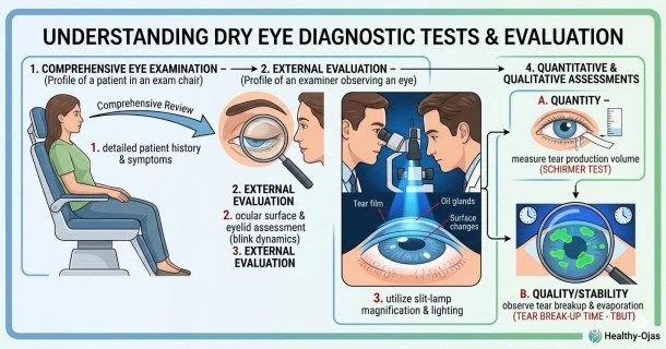 Medical infographic detailing the 4 core clinical steps to diagnose dry eye syndrome: checking patient history, evaluating external lid and blink dynamics, performing slit-lamp biomicroscopy, and conducting advanced tear quantity and quality assessments.