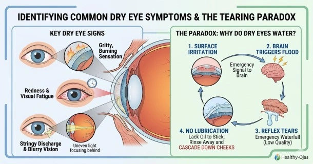 Medical infographic illustrating common dry eye symptoms including eye redness, gritty feeling, burning sensation, blurry vision, and the paradox of watery reflex tears.