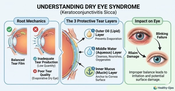 Medical illustration explaining dry eye syndrome mechanics, showcasing the three tear film layers (lipid, aqueous, mucin) and highlighting the difference between inadequate tear volume and rapid tear evaporation.