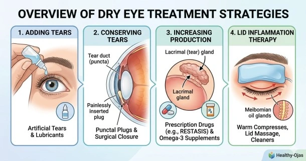 Medical infographic detailing the 4 main clinical options for dry eye treatments: adding tears with preservative-free artificial tears, conserving tears via punctal plugs, increasing tear production using prescription drops, and treating eyelid inflammation with warm compresses.