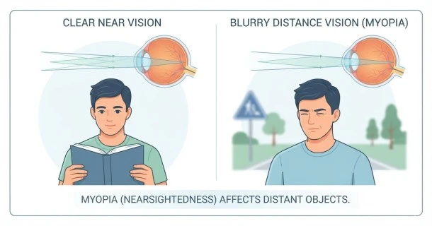 A split-screen visual comparison demonstrating myopia symptoms, showing a sharp, clear distant road sign on the left versus a realistically blurred, out-of-focus version of the same sign on the right.