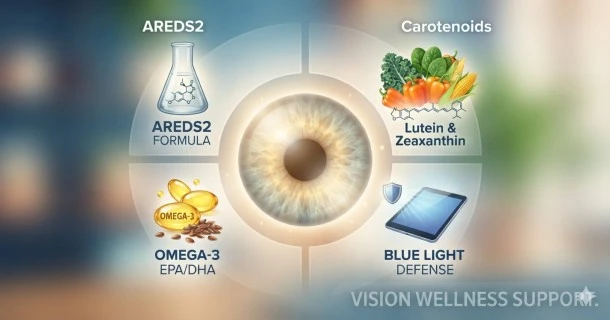 Cross-section medical illustration of a human eye showing blue light protection from lutein, zeaxanthin, and macular vitamins.