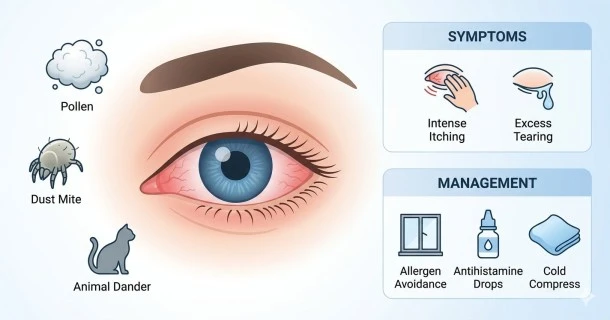 A medical infographic diagram showing common eye allergy triggers like pollen, dust mites, and cats on the left, and home relief options like cold compresses and eye drops on the right.