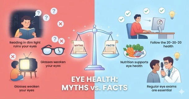An abstract medical infographic comparing eye health myths and vision facts with a central illustration of a human eye, styled in professional blue and teal tones.