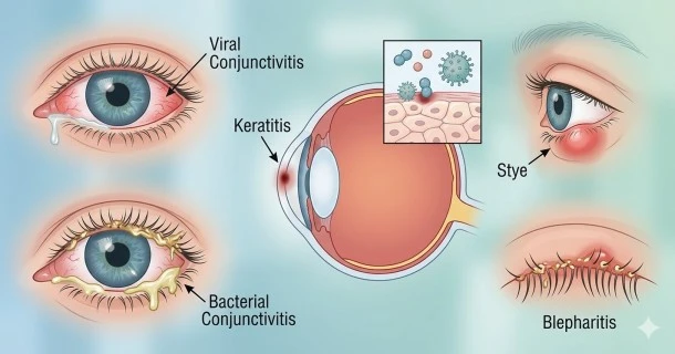 Medical graphic illustrating common eye infection symptoms including chronic redness, a painful stye bump, crusty discharge, and flaky eyelids.