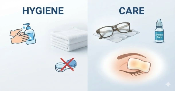A professional health illustration showing a clear human eye alongside icons for hand hygiene and clean eye care, representing treatments and prevention for eye infections.