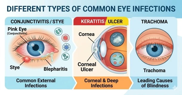 Medical vector graphic illustrating distinct types of eye infections including conjunctivitis, stye, blepharitis, and keratitis to help patients identify conditions.