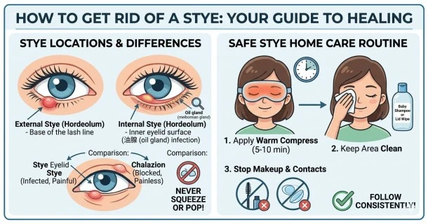 An educational medical infographic showing the difference between an external and internal eye stye on the eyelid, along with proper warm compress application steps and a safe handling warning.