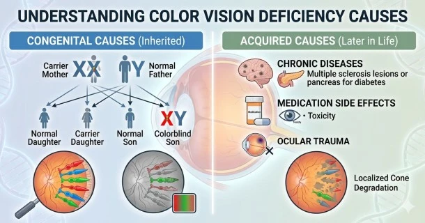 An educational medical infographic showing a genetic inheritance pedigree chart of X-linked color blindness alongside a scientific diagram of human retina cone photoreceptor cells.