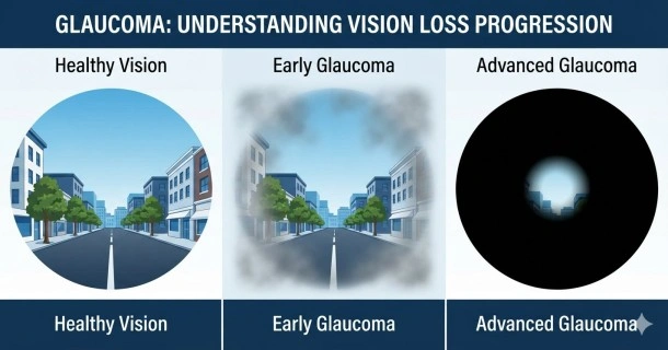 An educational medical graphic contrasting the silent progression of open-angle glaucoma tunnel vision with the sudden red eye pain and rainbow halos of acute angle-closure glaucoma.