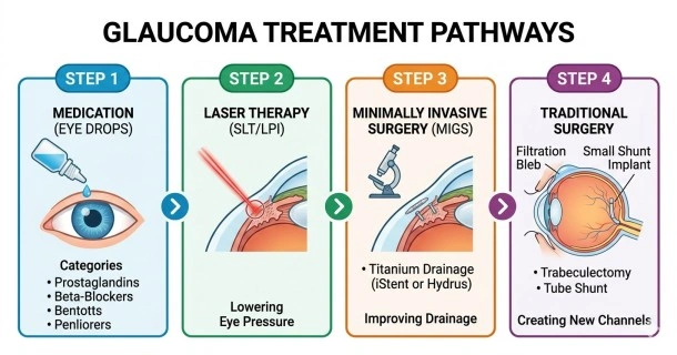A clinical educational infographic outlining primary glaucoma treatments including medical eye drops, selective laser trabeculoplasty (SLT), a microscopic MIGS stent device, and a filtering trabeculectomy surgery.