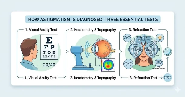  Infographic diagram showcasing the 3 key eye examination steps used by specialists to diagnose astigmatism: visual acuity testing, keratometry corneal measurement, and phoropter refraction.