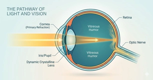 Medical graphic tracing the physiological pathway of vision, demonstrating how light refracts through the eye and travels to the brain.
