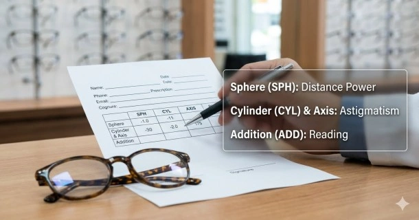 A close-up view of a printed corrective vision prescription showing standard SPH, CYL, and Axis values alongside prescription eyeglasses on an optometry desk.