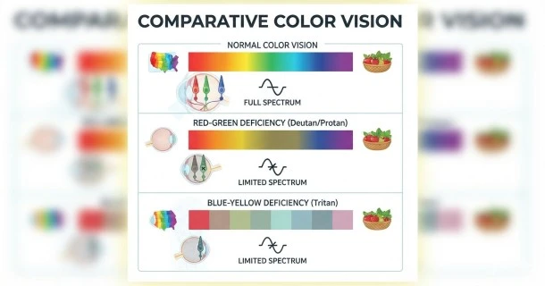 Anatomical diagram of the human eye retina highlighting red, green, and blue cone cells next to a color spectrum comparison showing normal vision versus red-green color vision