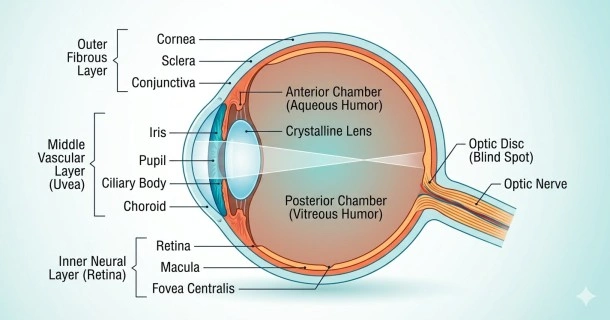 Medical diagram showcasing human eye anatomy cross-section detailing the cornea, lens, retina, and optic nerve.