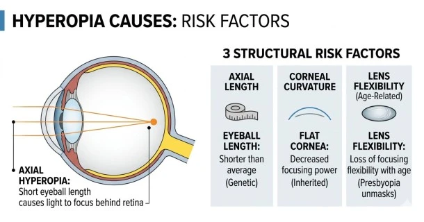 Medical diagram demonstrating the anatomical causes of hyperopia, illustrating how a shorter eyeball length and a flat corneal curvature force light rays to focus behind the retina.