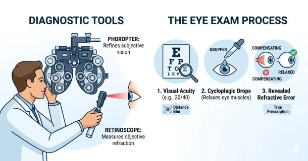 Clinical infographic showing key farsightedness tests, including a patient using a phoropter for subjective refraction and a clinician performing a retinoscope exam to measure refractive error.