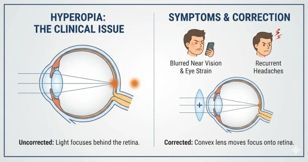 Medical infographic showing how light rays focus behind the retina in a farsighted hyperopic eye compared to corrected vision using a convex lens.