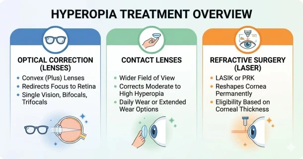 Clinical medical infographic demonstrating standard hyperopia treatment options, including single-vision corrective eyeglasses, contact lenses, and a laser corneal reshaping surgery diagram.