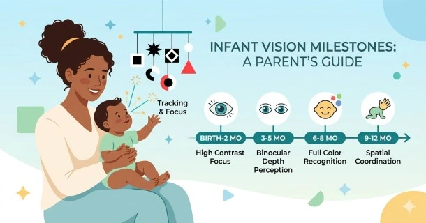 Educational infographic demonstrating infant vision milestones including high-contrast focus, smooth tracking, and 3D depth perception.