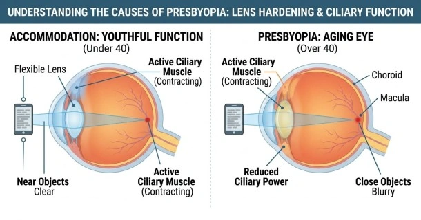 Medical diagram explaining the primary causes of presbyopia, illustrating the hardening of the crystalline lens matrix and the declining physical contraction force of the eye's ciliary muscles.