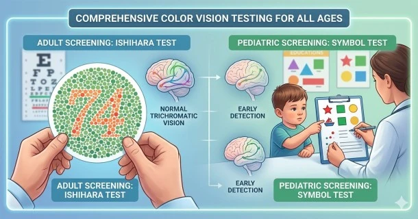 An Ishihara color vision test plate displaying a hidden number pattern formed by dots of varying shades of red, green, and orange for medical diagnostic screening.