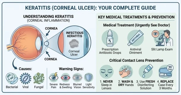 An educational medical infographic explaining keratitis, showing a visual representation of a corneal ulcer spot on an eye alongside proper contact lens hygiene and prevention rules.