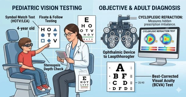 Medical graphic showing pediatric vision testing methods for amblyopia, featuring a toddler undergoing a depth perception stereopsis test alongside a LEA symbols shape chart.